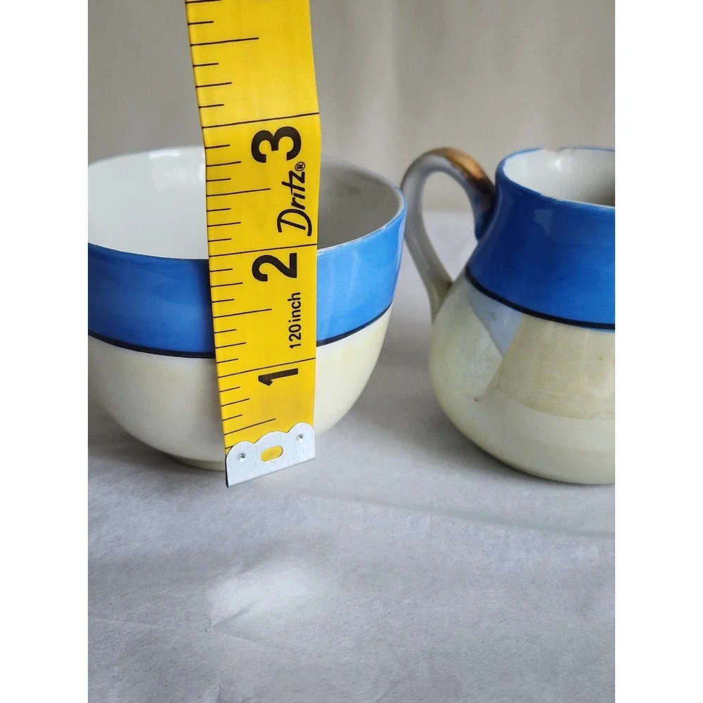 Vintage Chikaramachi Hand Painted Porcelain Creamer Sugar Set Blue Lusterware